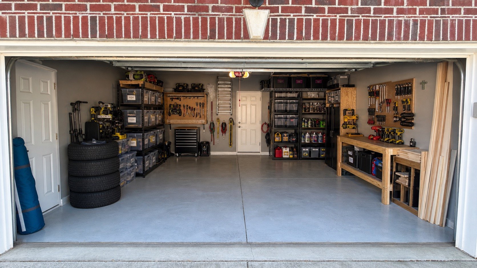 An organized garage with shelving, wall-mounted tools and open floor space